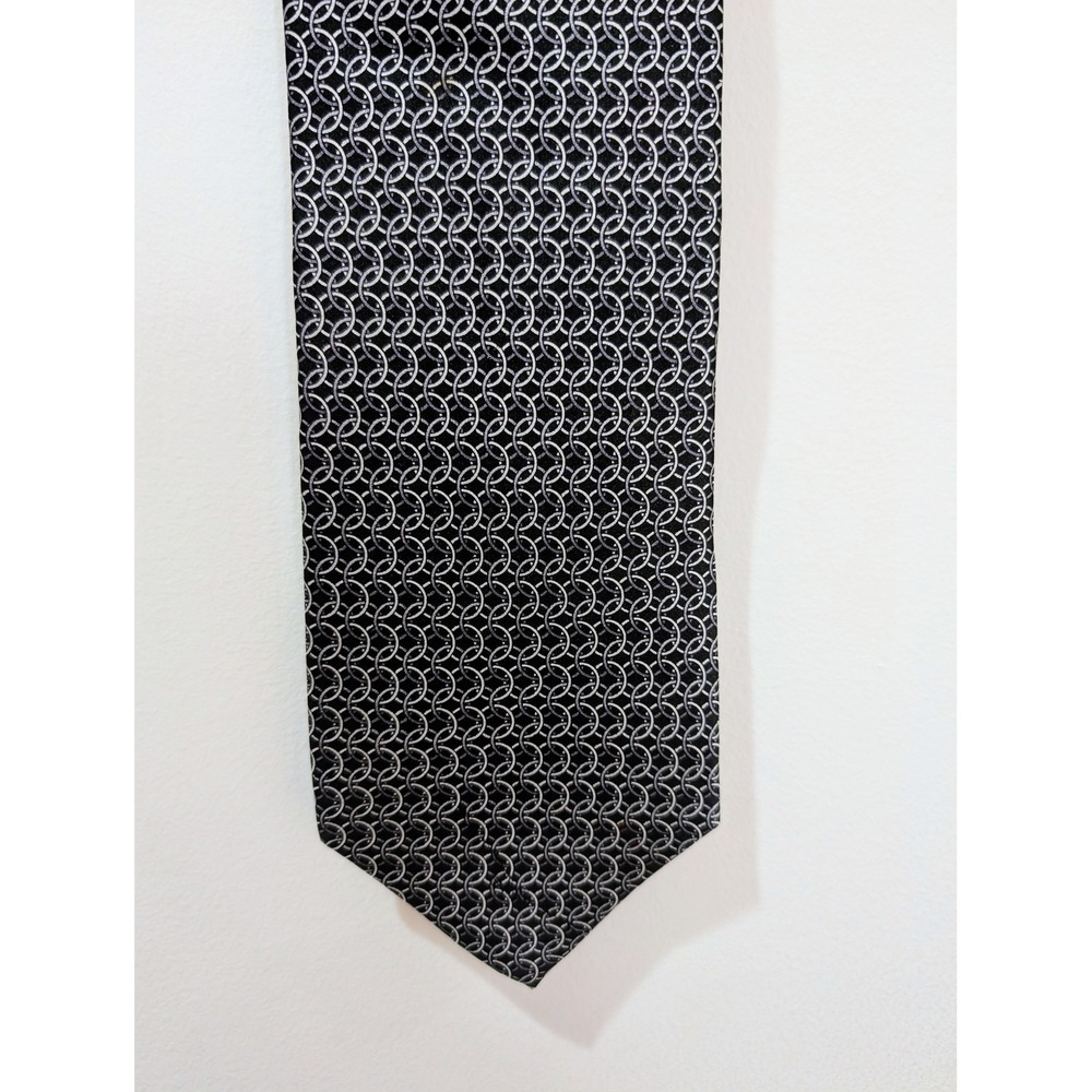 Burma Bibas Mens Silk Necktie Black Silver Geometric Chain Link Pattern Tie